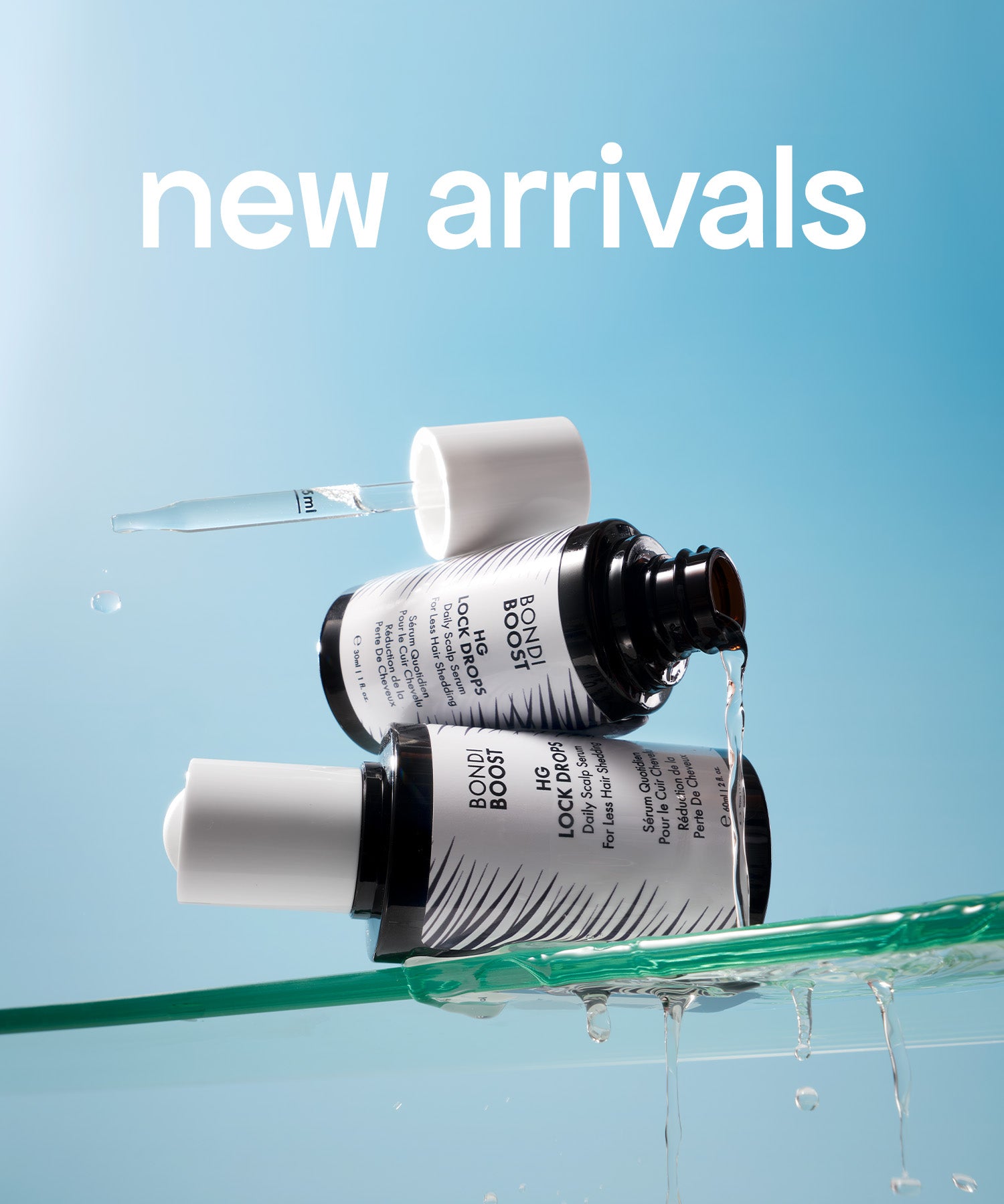 Two lock drop bottles with droplets on a blue background, labeled 'new arrivals'.