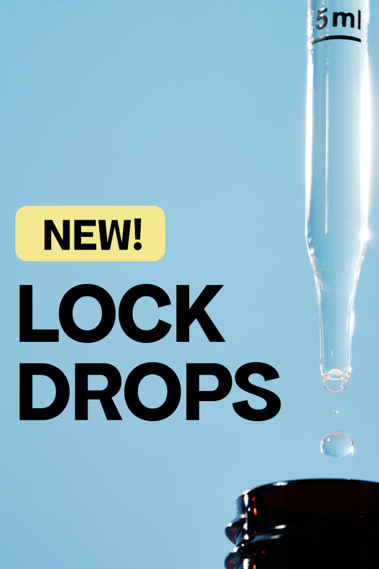 Promotional image for 'Lock Drops' with a dropper and blue background