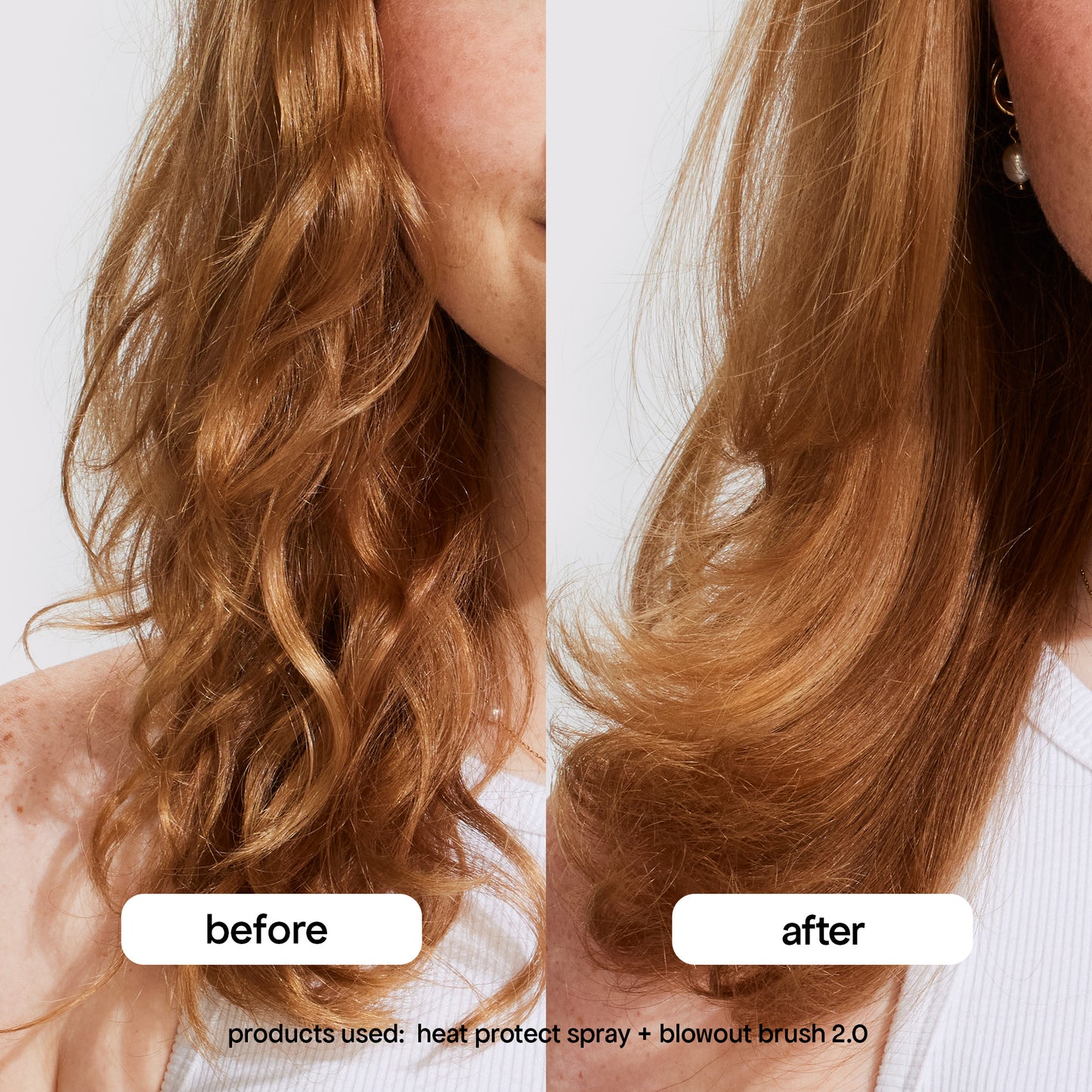 before and after heat protect spray and blowout brush
