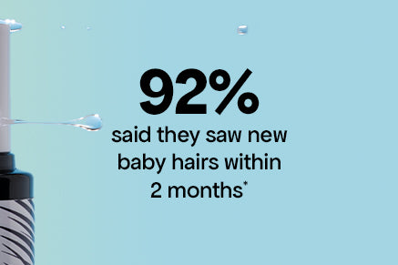 Shampoo bottle with text about baby hair growth on a light blue background