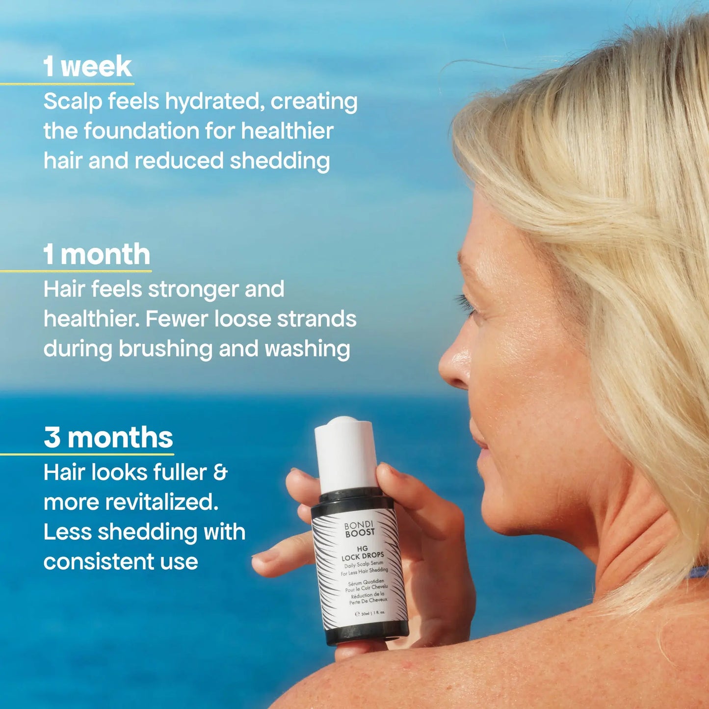 Woman holding a bottle of hair care product with text about hair health benefits against a blue sky.