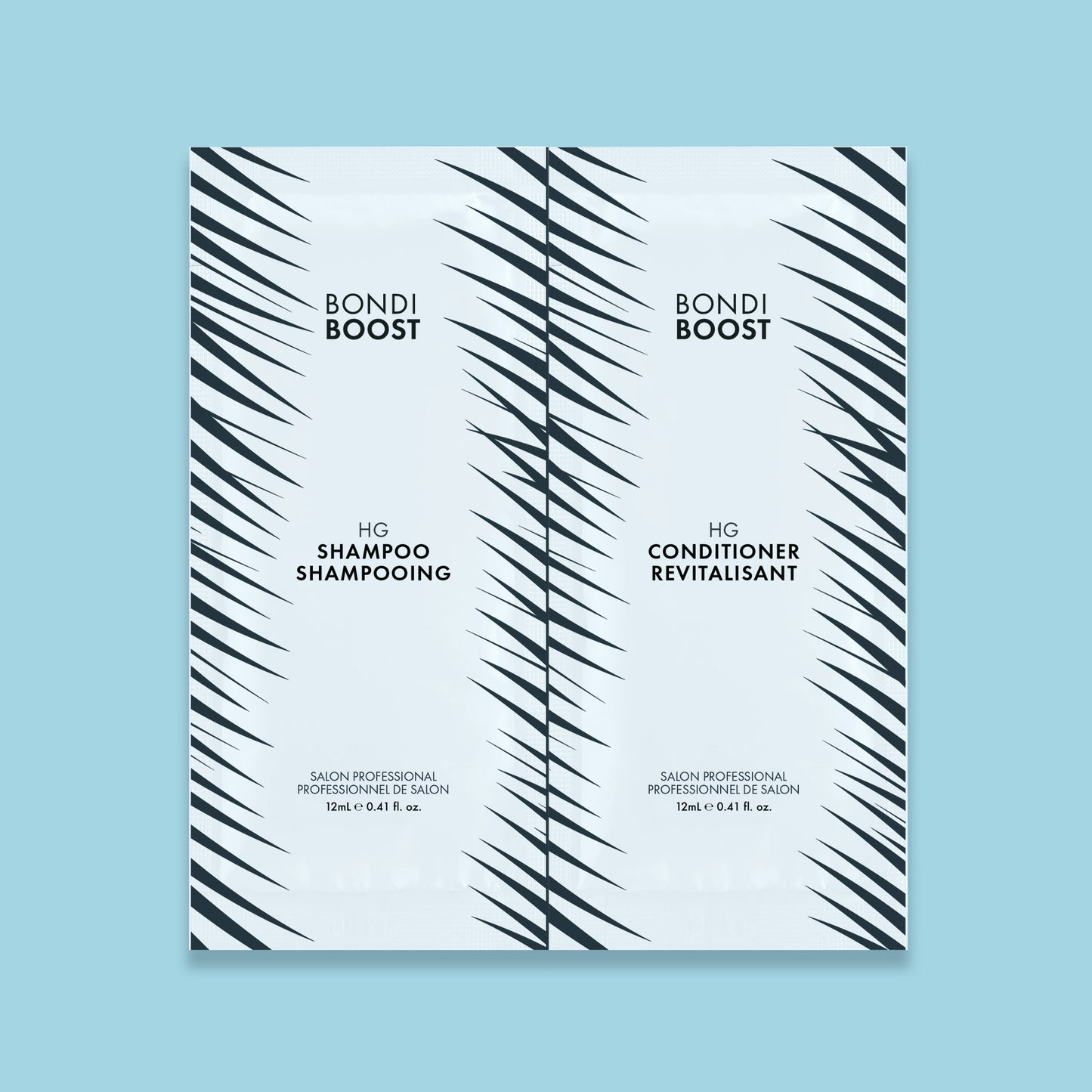 Two bottles of Bondi Boost hair care products, one labeled as Shampoo and the other as Conditioner, with a geometric black and white design on the labels.