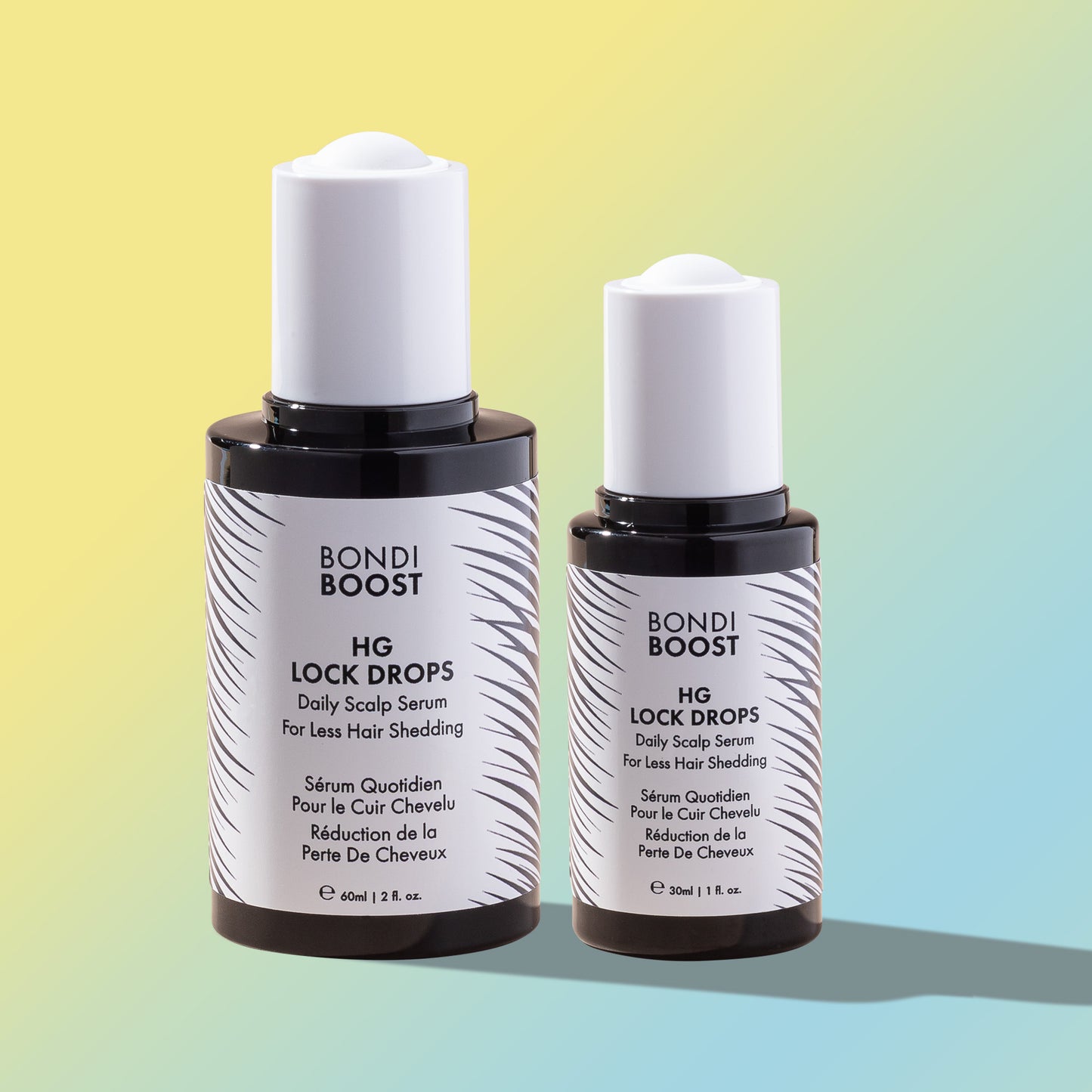 Two bottles of Bondi Boost HG Lock Drops on a gradient background