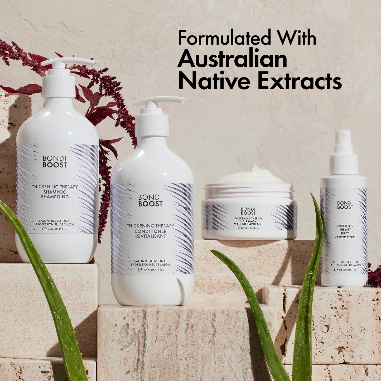 Bondi Boost hair care products with australian native extracts on a neutral background