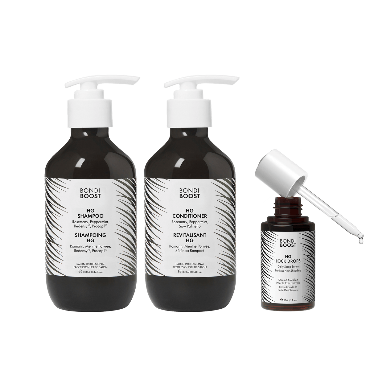 Bondi Boost hair care product set including shampoo, conditioner, and lock drops on a black background.