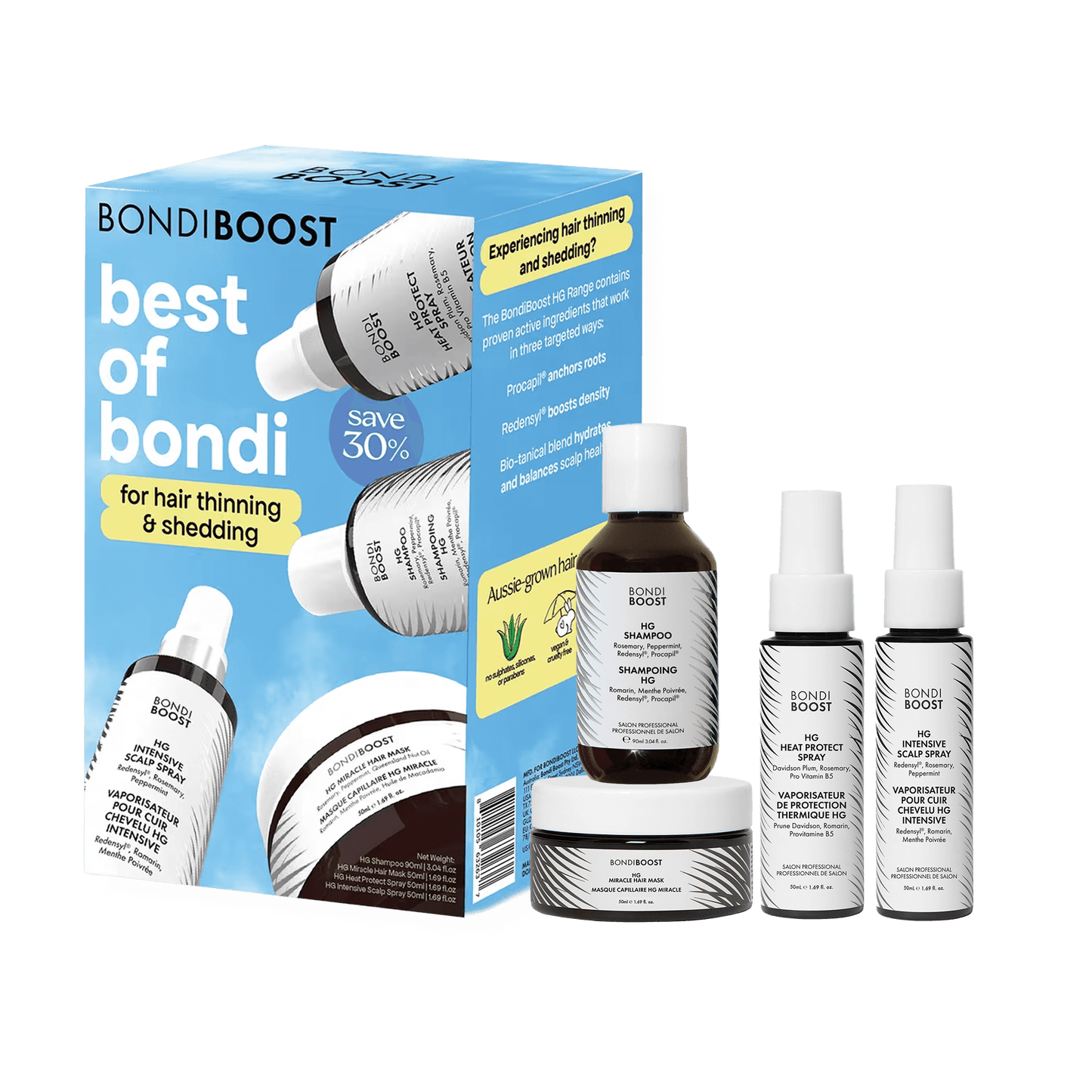 Bondi Boost hair care product set with packaging on a black background
