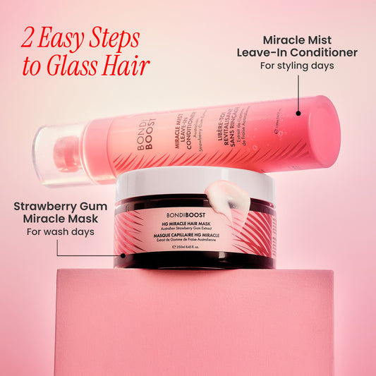 Bond & Boost hair care products on a pink background with text indicating steps to achieve 'Glass Hair'.