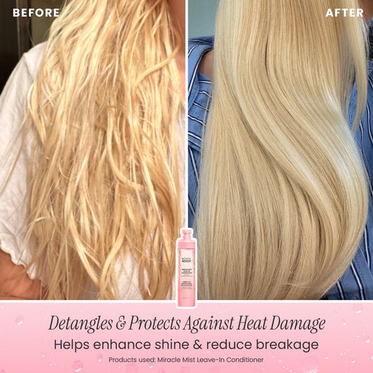 Before and after comparison of hair with a product applied, showing detangling and heat damage protection effects.