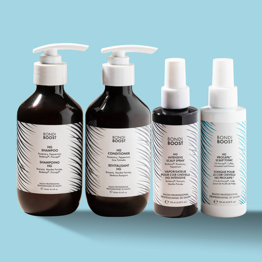Set of Bondi Boost hair care products on a light blue background