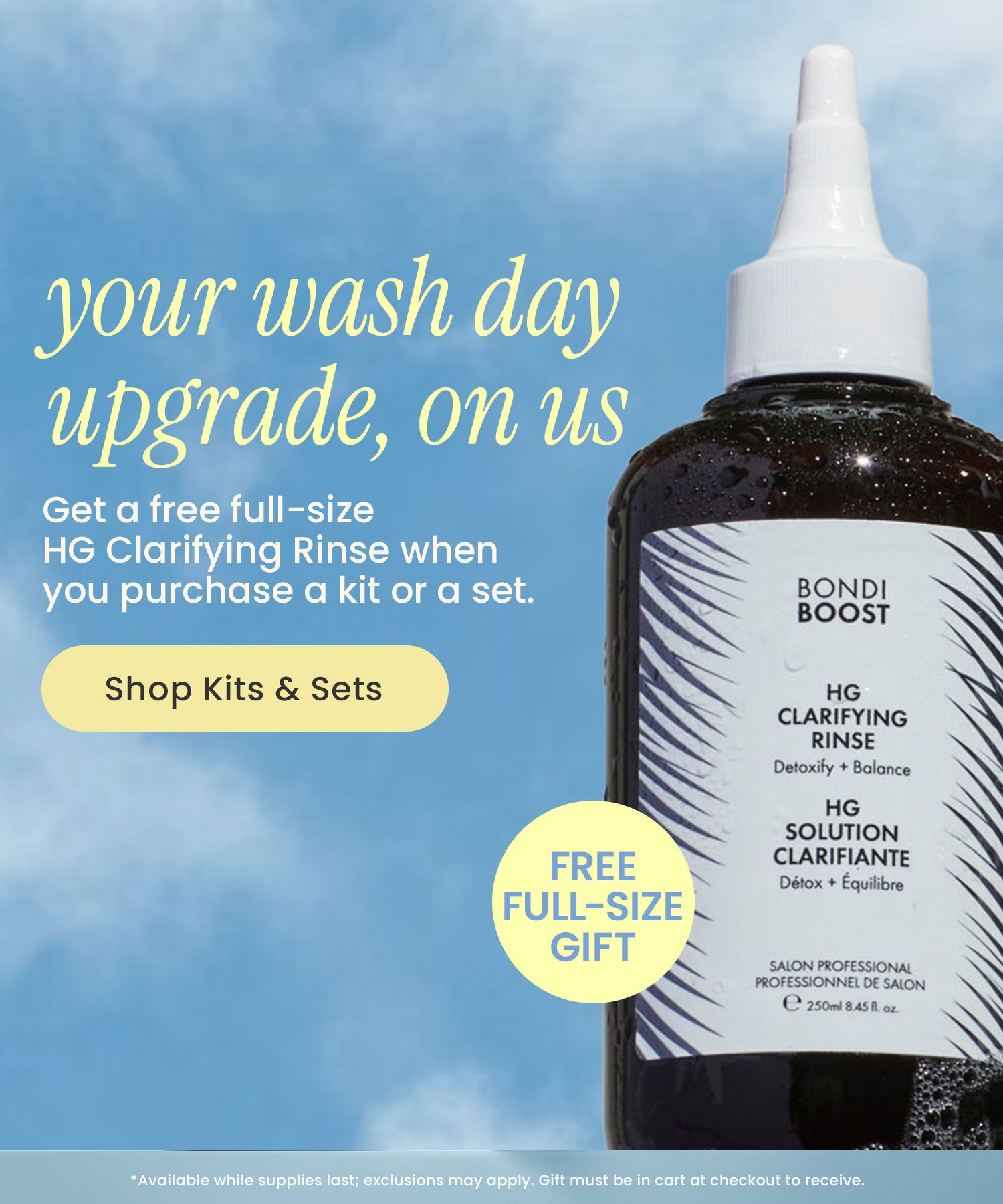 Bondi Boost HG Clarifying Rinse bottle with promotional text against a blue sky background