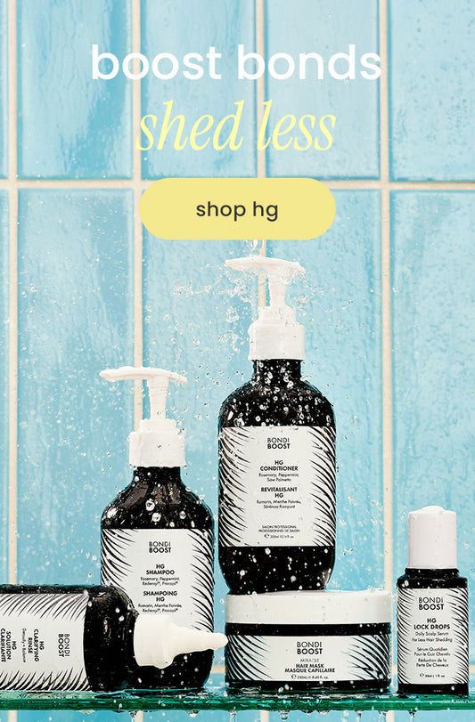 A set of Bond Boost haircare products from HG, including a pump bottle of conditioner, a jar of protein treatment, a small bottle, and a tube of shampoo, arranged on a glass shelf against a light blue tiled background with promotional text.