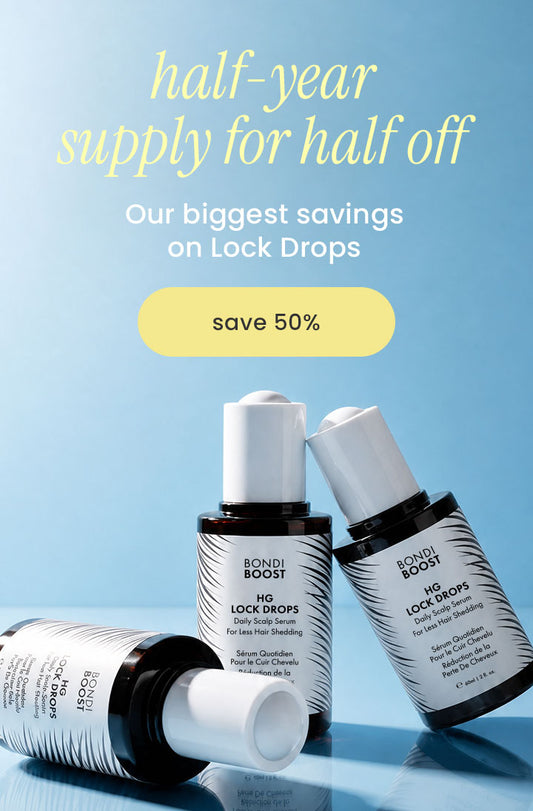 Three Bondi Boost Lock Drops bottles displayed on a light blue gradient background with promotional text reading 'half-year supply for half off' and 'save 50%'.
