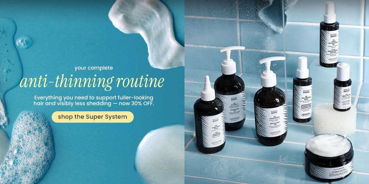 A promotional collage for a hair-thinning routine system, featuring several dark bottles and jars with pump dispensers and a jar of white cream on a light blue tiled bathroom-style surface, alongside foam and a towel. Text on the left reads 'anti-thinning routine' with a 'shop the Super System' call-to-action.
