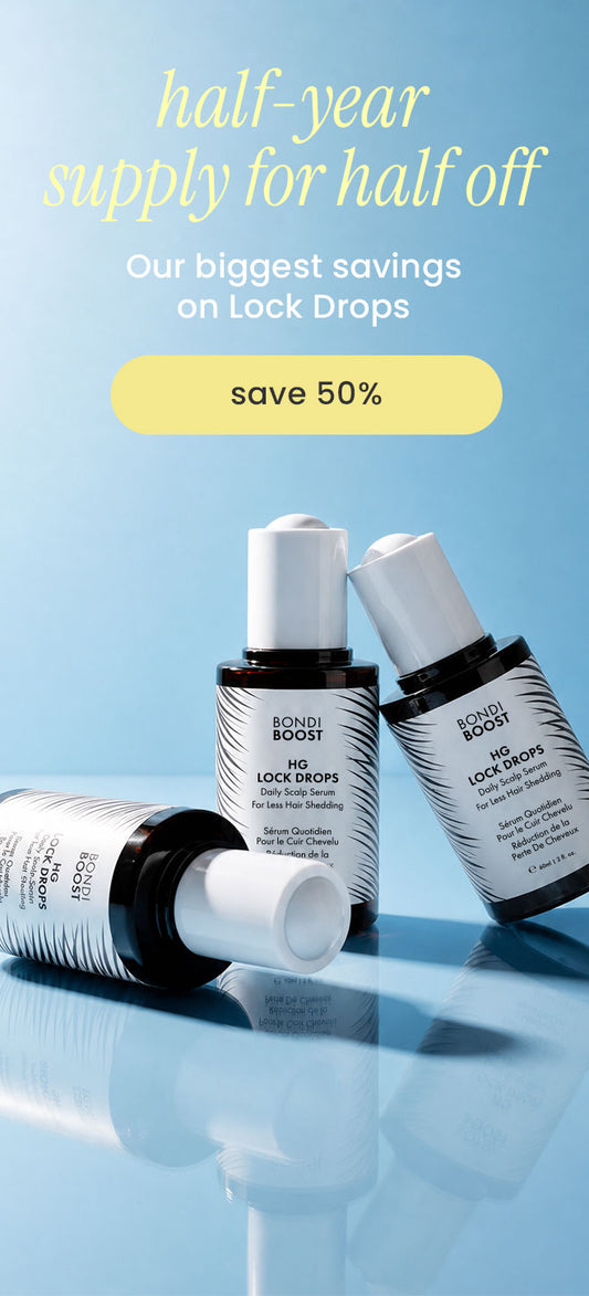Three small lock-drop bottles from Bondi Boost are arranged on a glossy light blue surface with promotional text above reading 'half-year supply for half off' and 'save 50%'.
