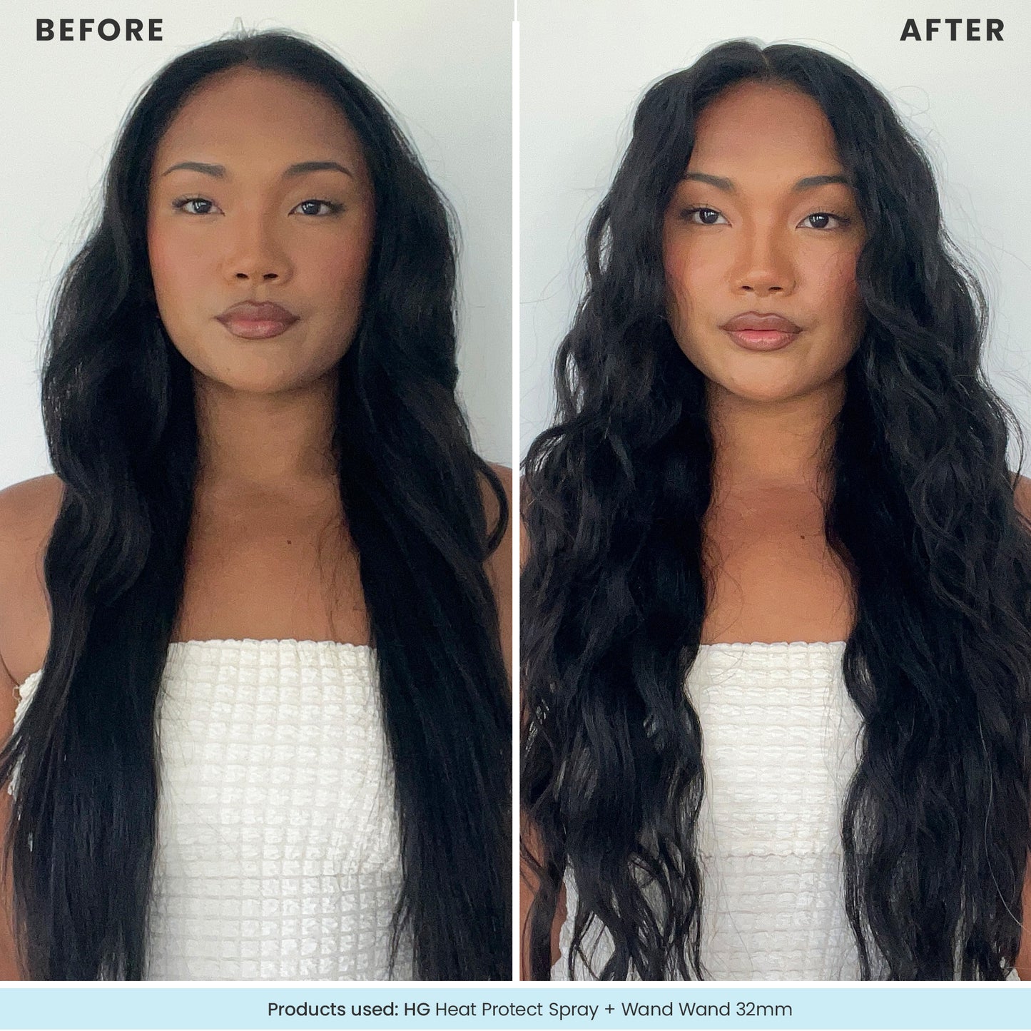 Before and after comparison of a woman with styled hair against a white background. 