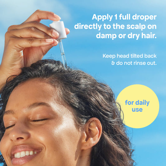 Person applying a dropper to hair with text on a blue background