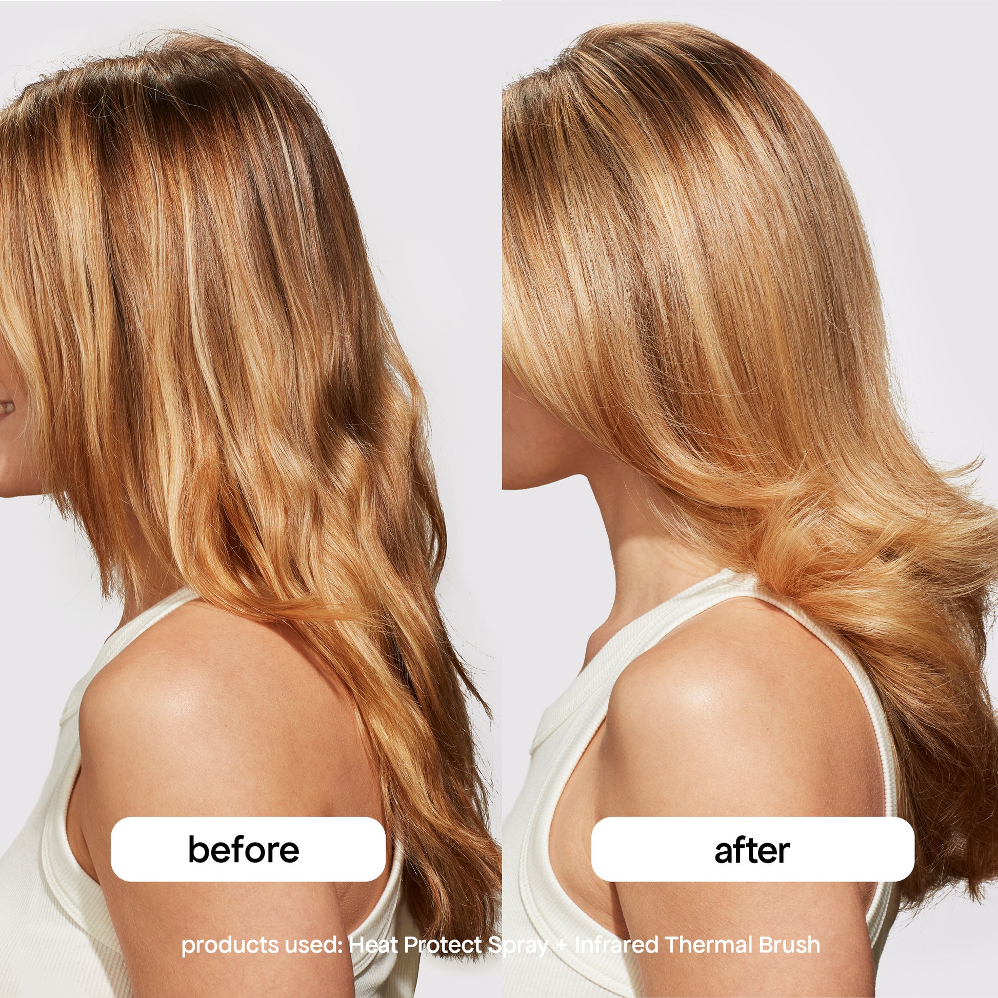 before and after with heat protect spray and infrared brush