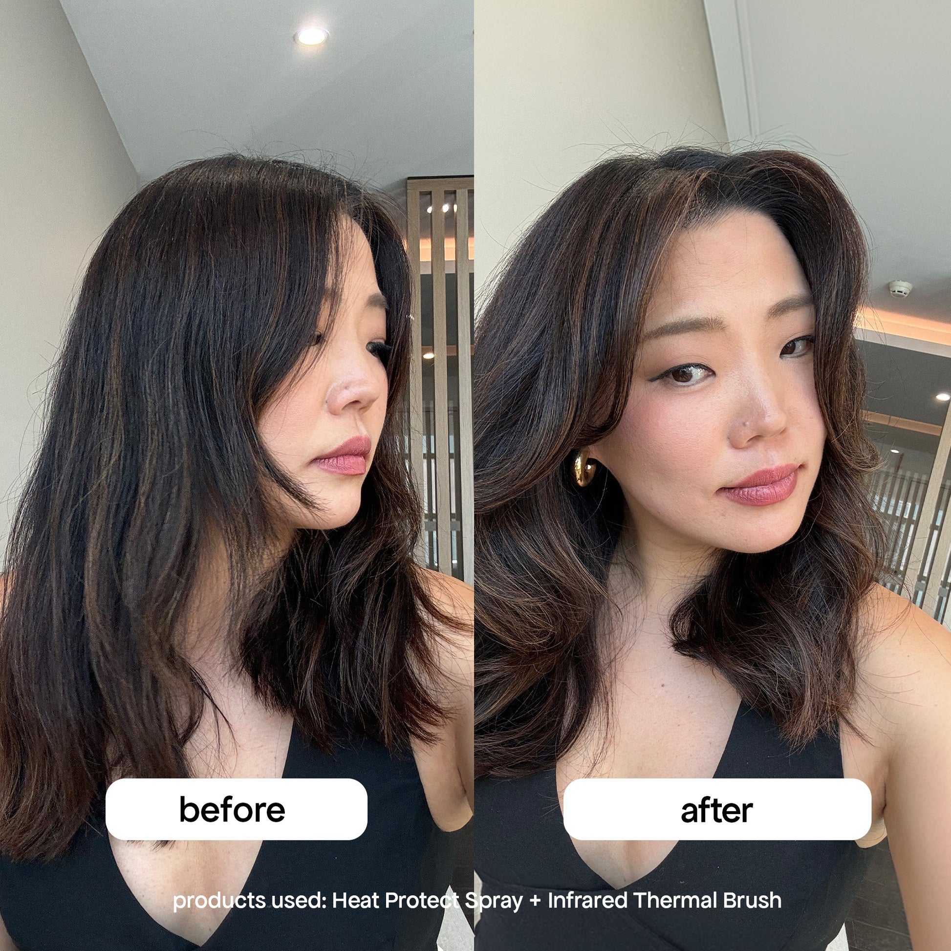 Before and after comparison of a woman's hair with text indicating products used.