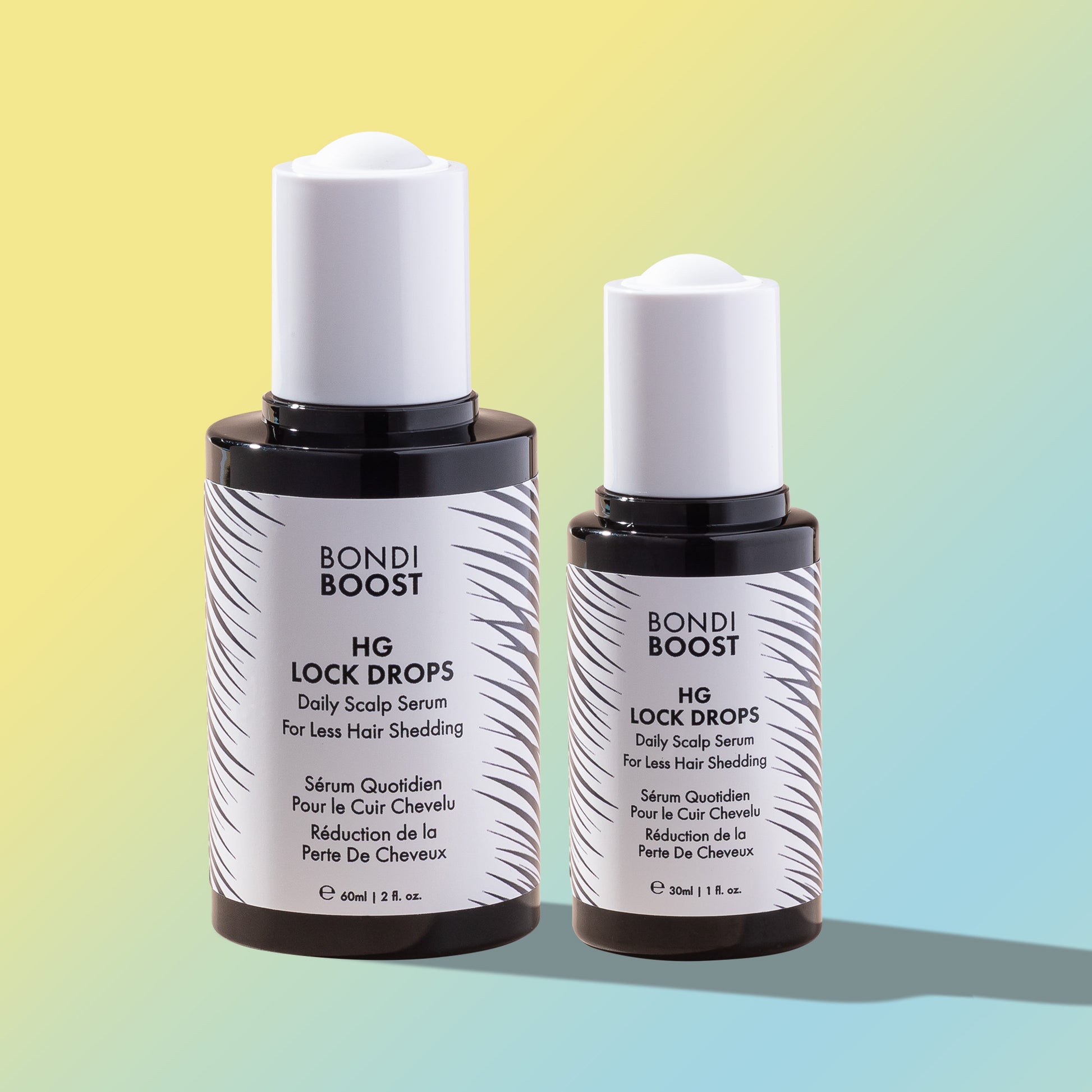 Two bottles of Bondi Boost HG Lock Drops on a gradient background