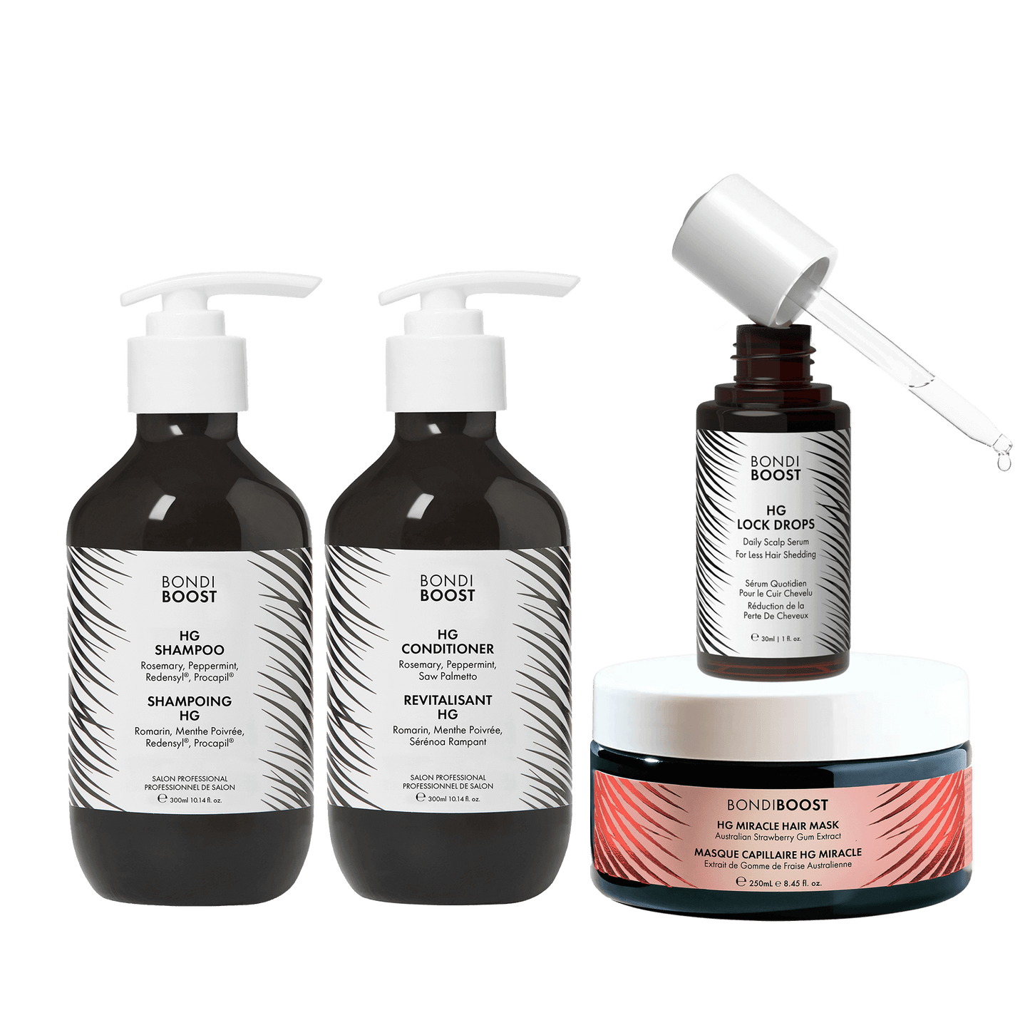 Set of Bondi Boost hair care products including shampoo, conditioner, lock drops, and mask on a black background.