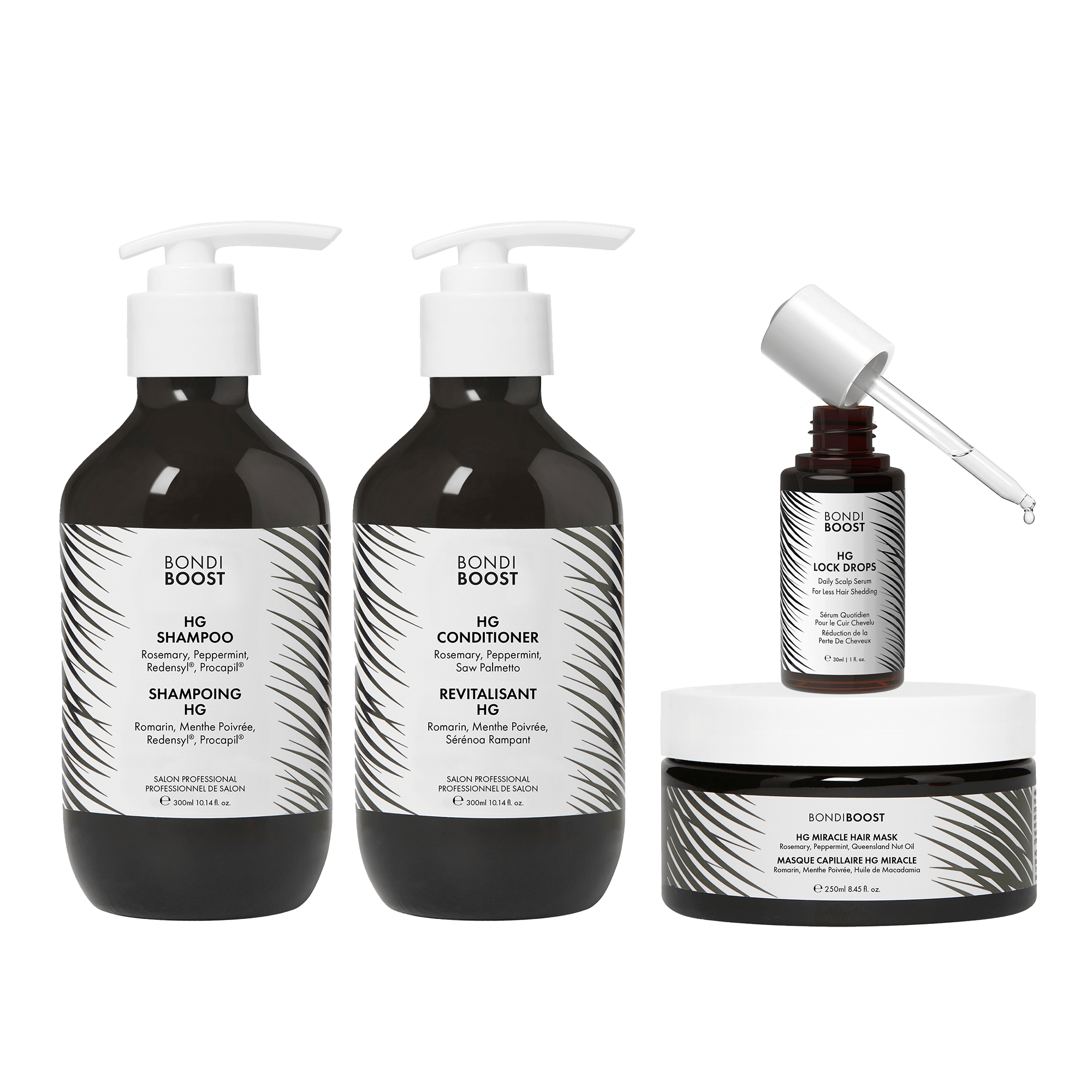 Bondi Boost hair care product set including shampoo, conditioner, and serum and mask on a black background