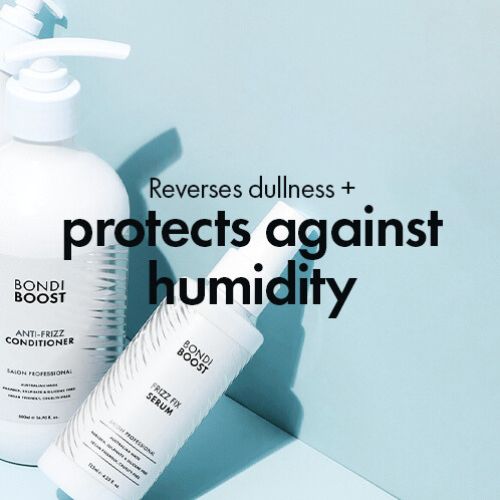 Bondi Boost hair care products with text on a light blue background