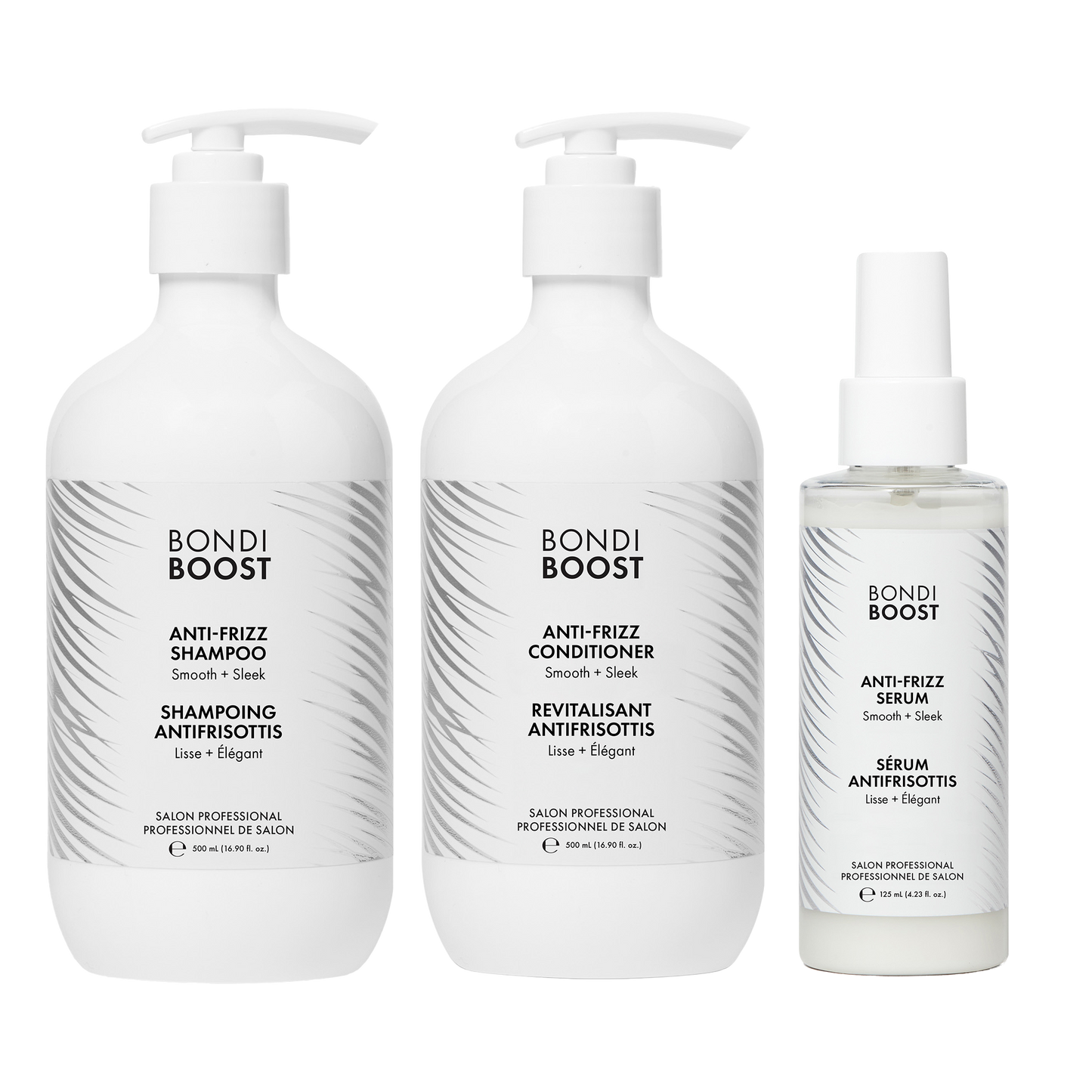 Three bottles of Bondi Boost hair care products on a white background