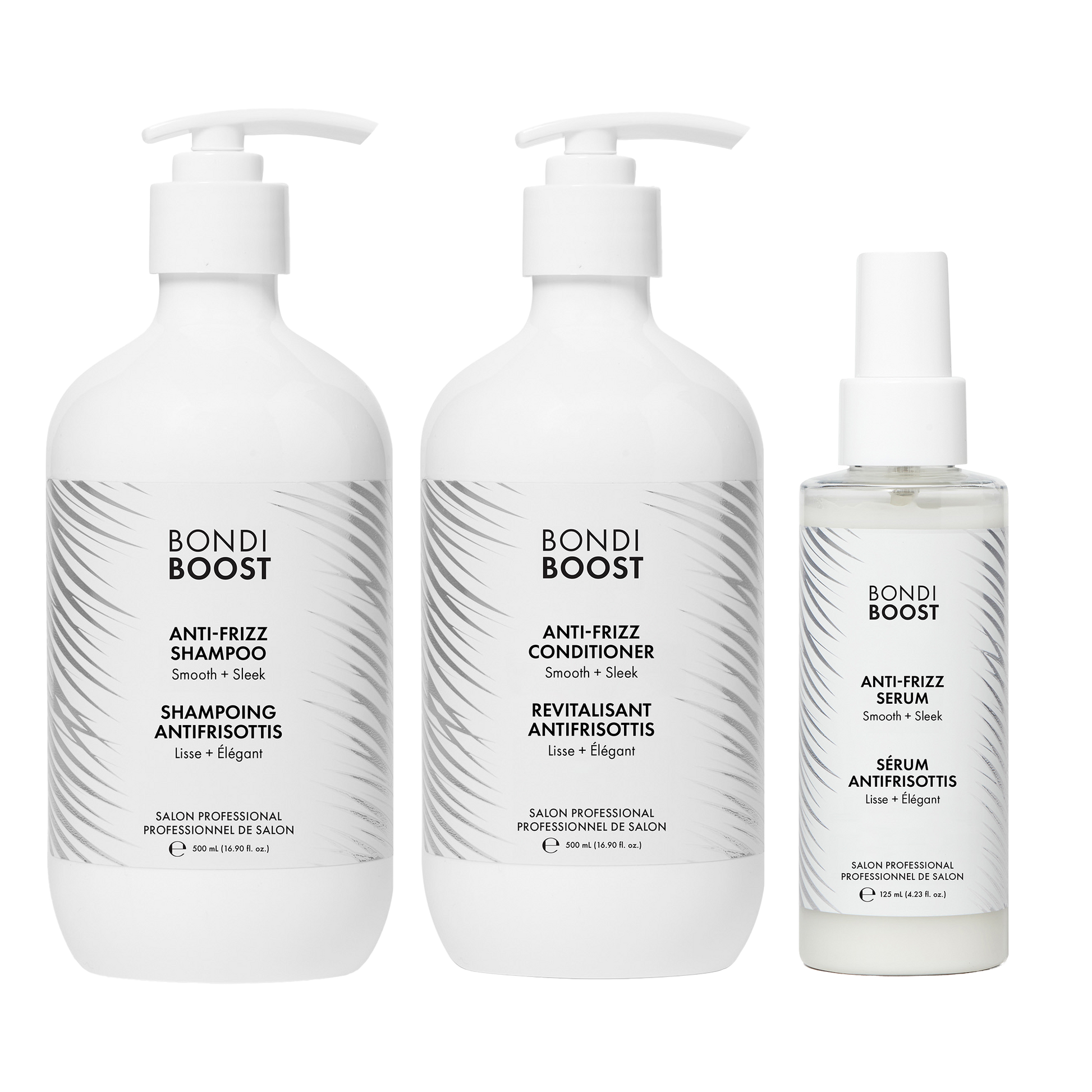 Three bottles of Bondi Boost hair care products on a white background