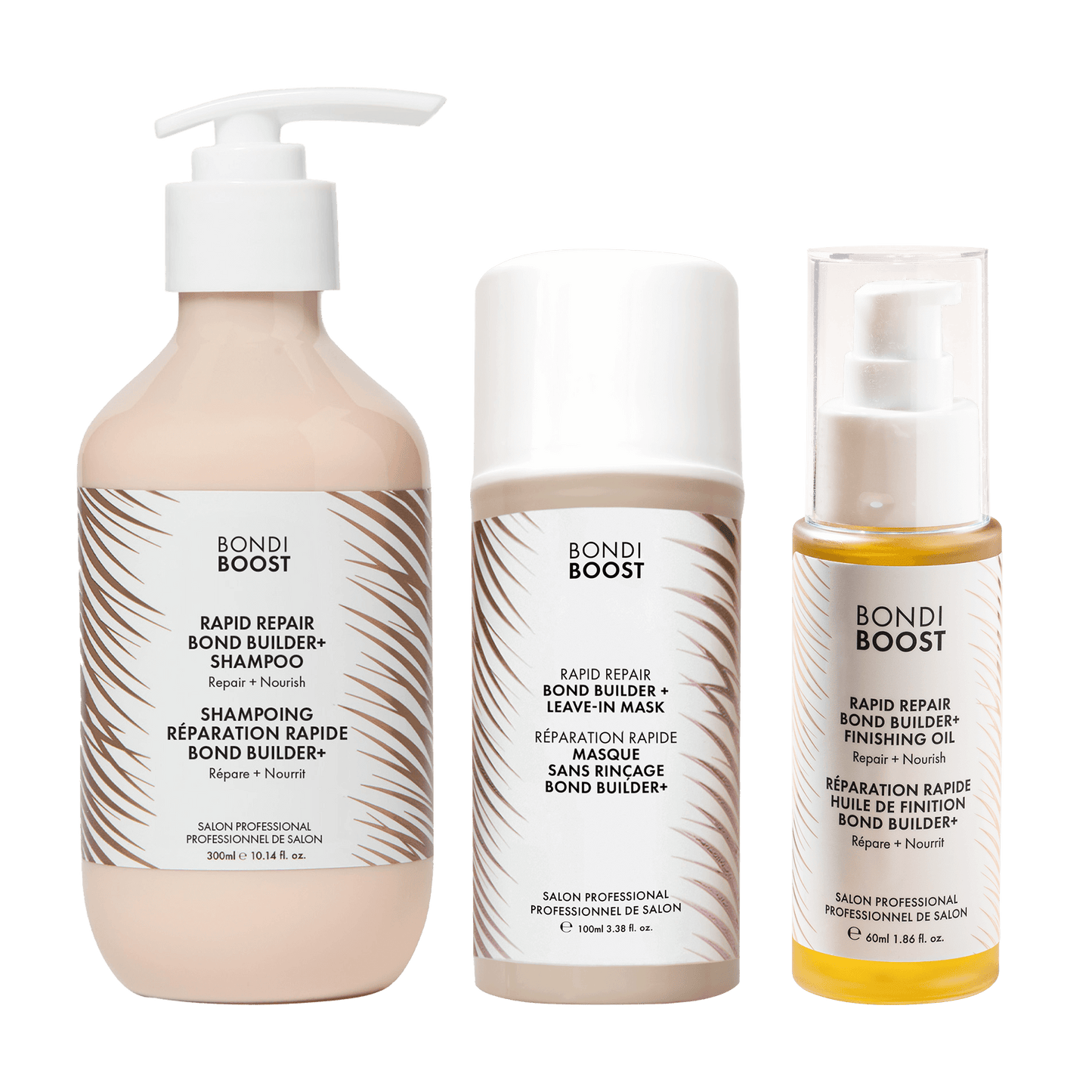 Three bottles of Bondi Boost hair care products on a black background