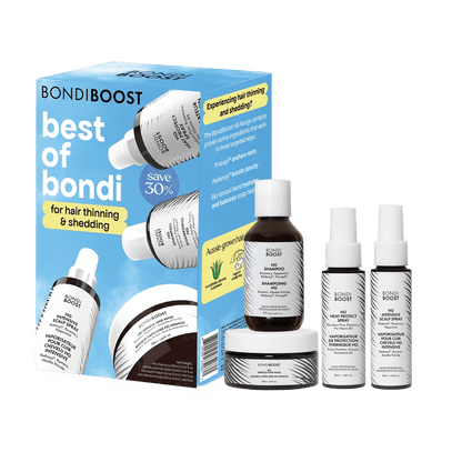 Bondi Boost hair care product set with packaging on a black background