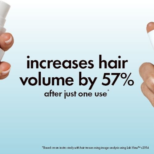 Advertisement showing a product with text claiming to increase hair volume by 57% after one use, on a light blue background.