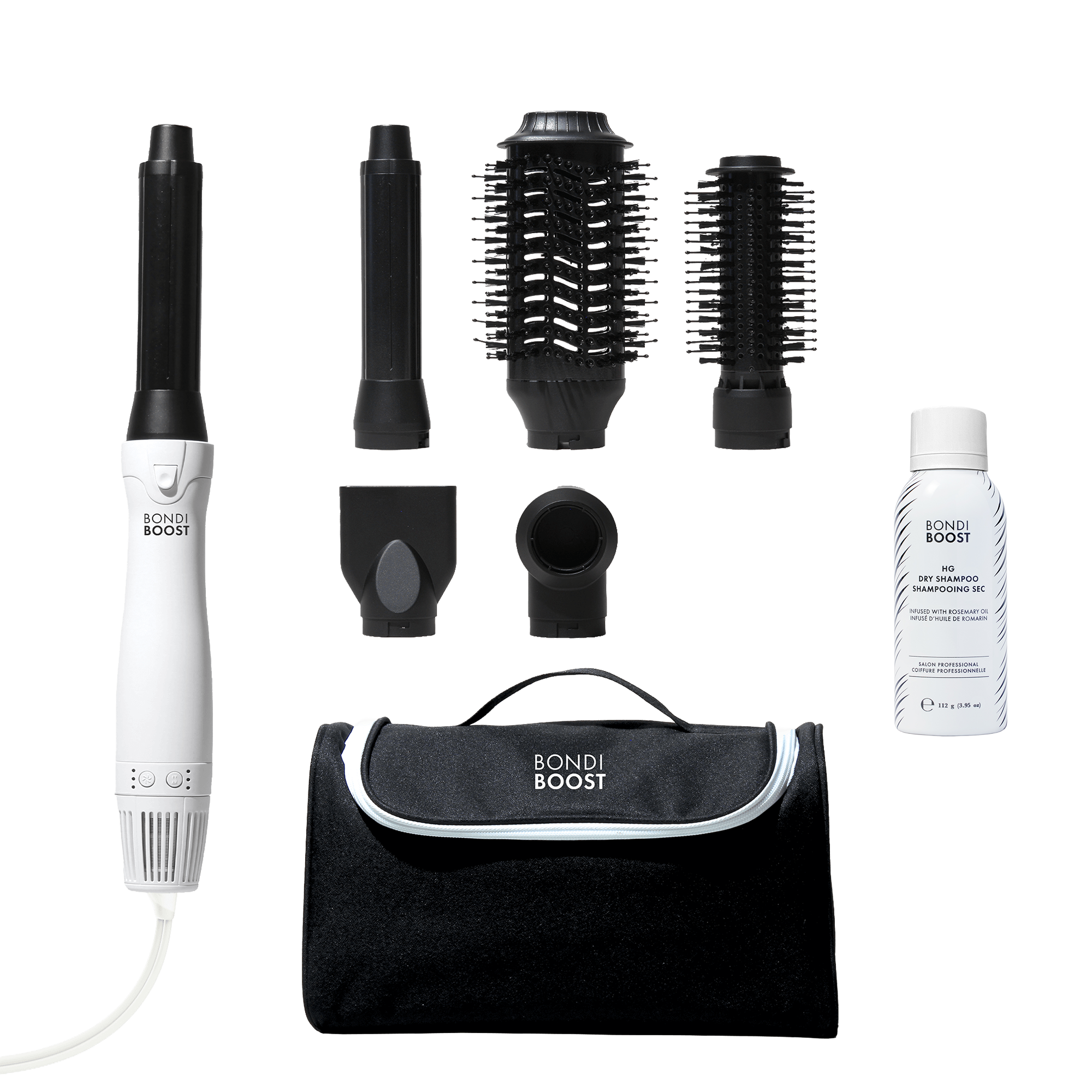 Hair styling tool set with attachments and a bottle on a white background, featuring the Bondi Boost brand.