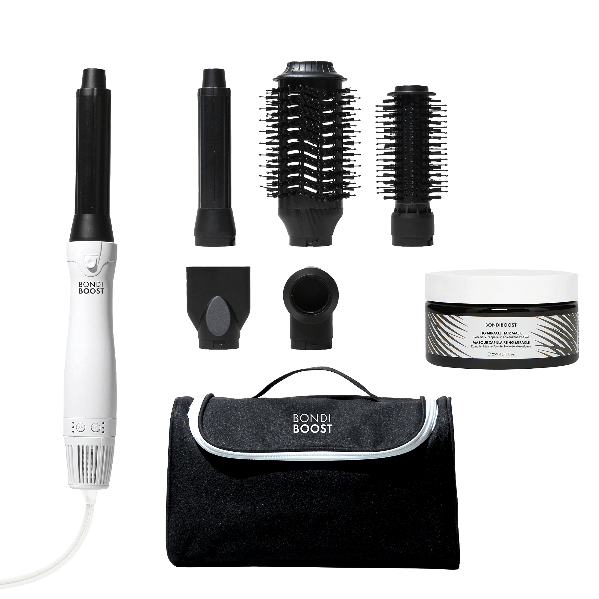 Set of hair styling tools and products with 'Bondi Boost' branding on a black background