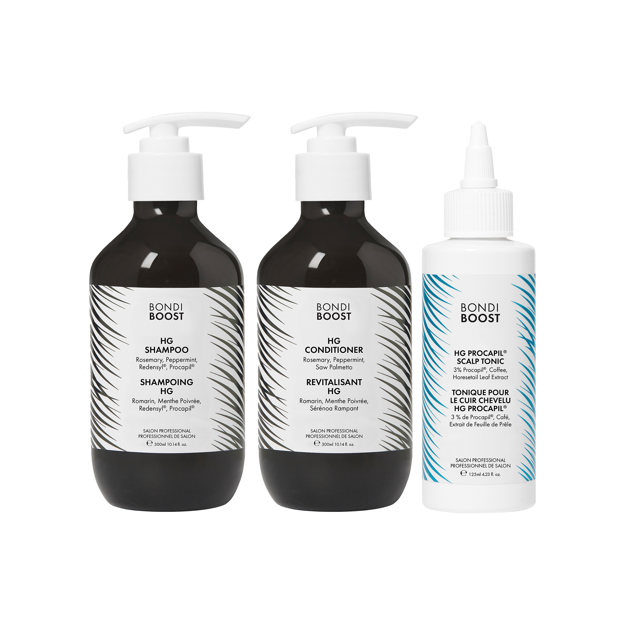Three bottles of Bondi Boost hair care products on a white background