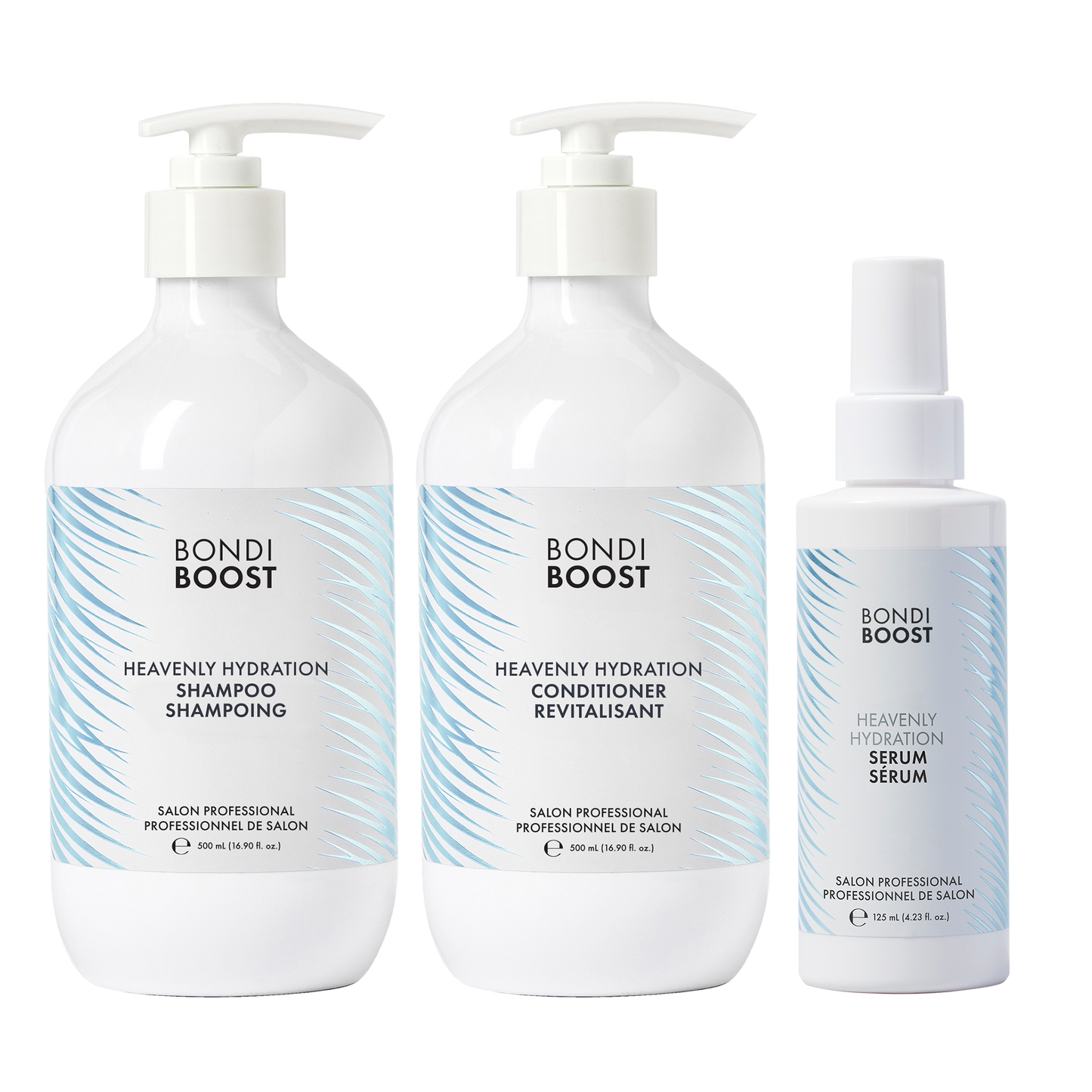 Three bottles of Bondi Boost hair care products on a white background