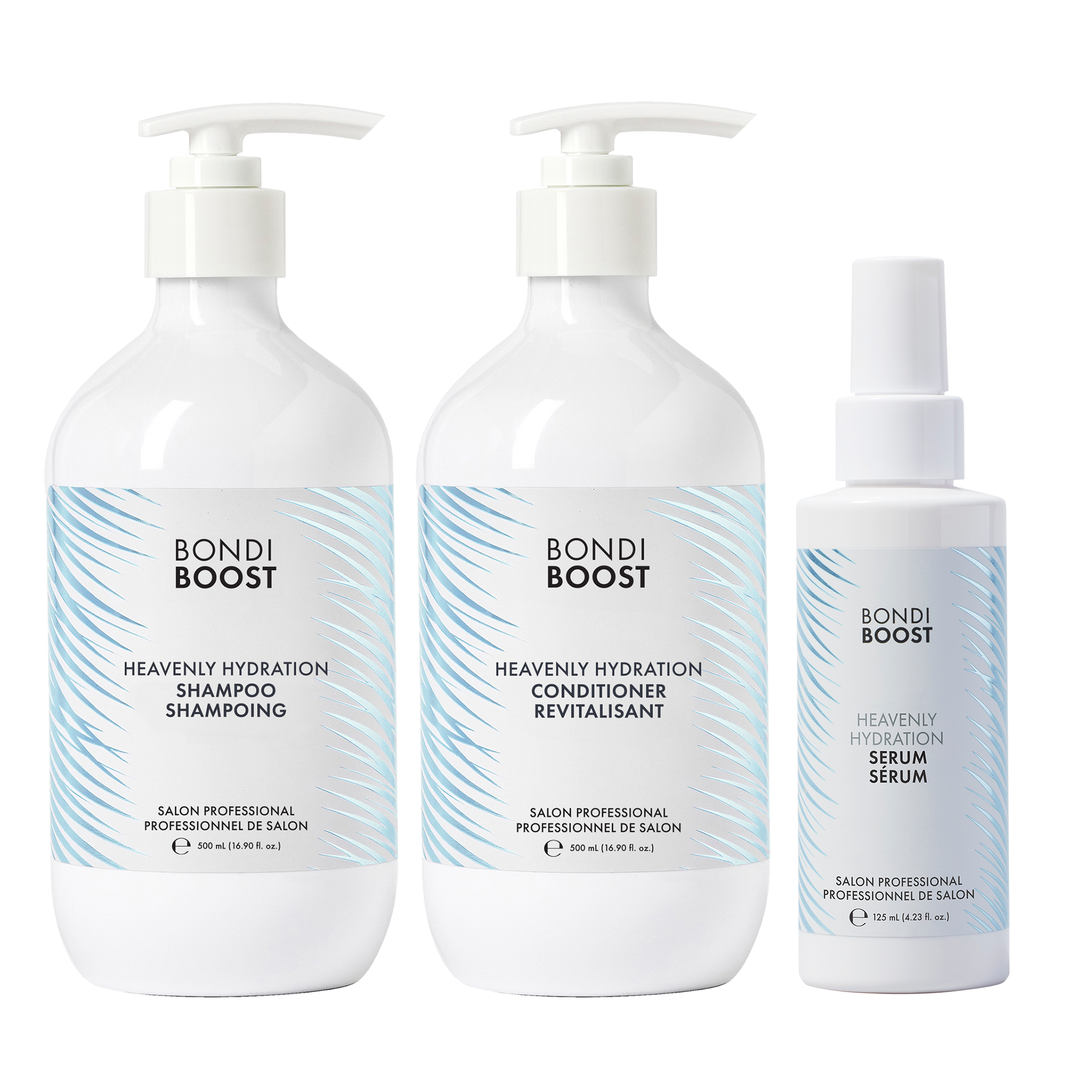 Three bottles of Bondi Boost hair care products on a white background