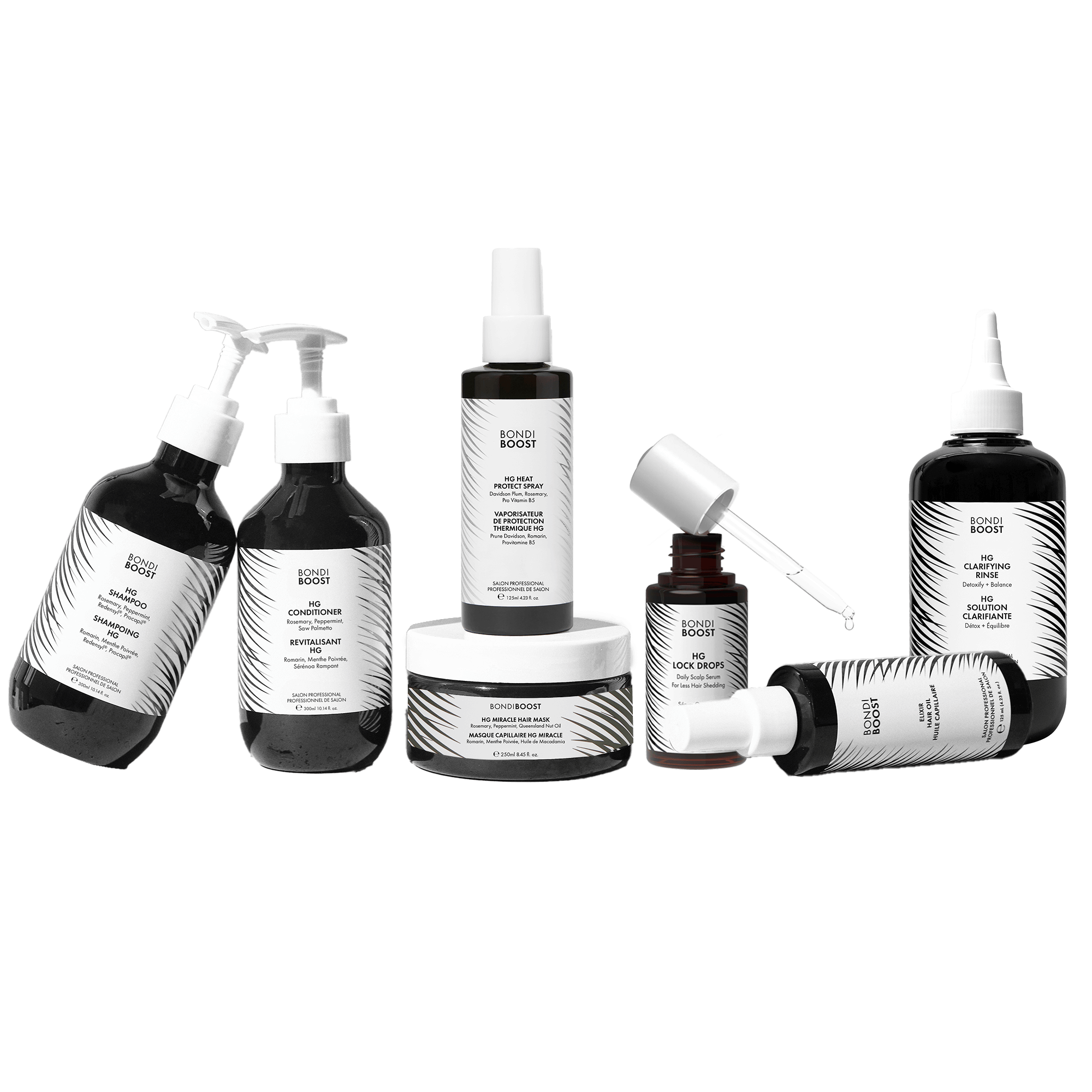 Collection of skincare and hair care products with visible branding on a black background