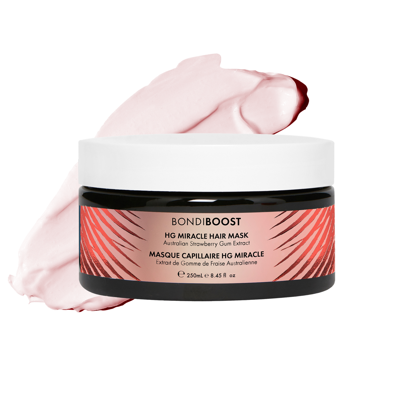 BondiBoost HG Miracle Hair Mask jar with pink hair mask on a white background