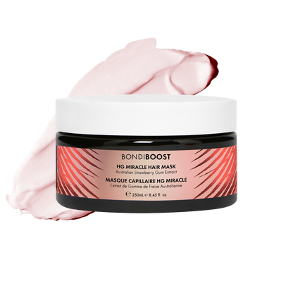 BondiBoost HG Miracle Hair Mask jar with pink hair mask on a white background