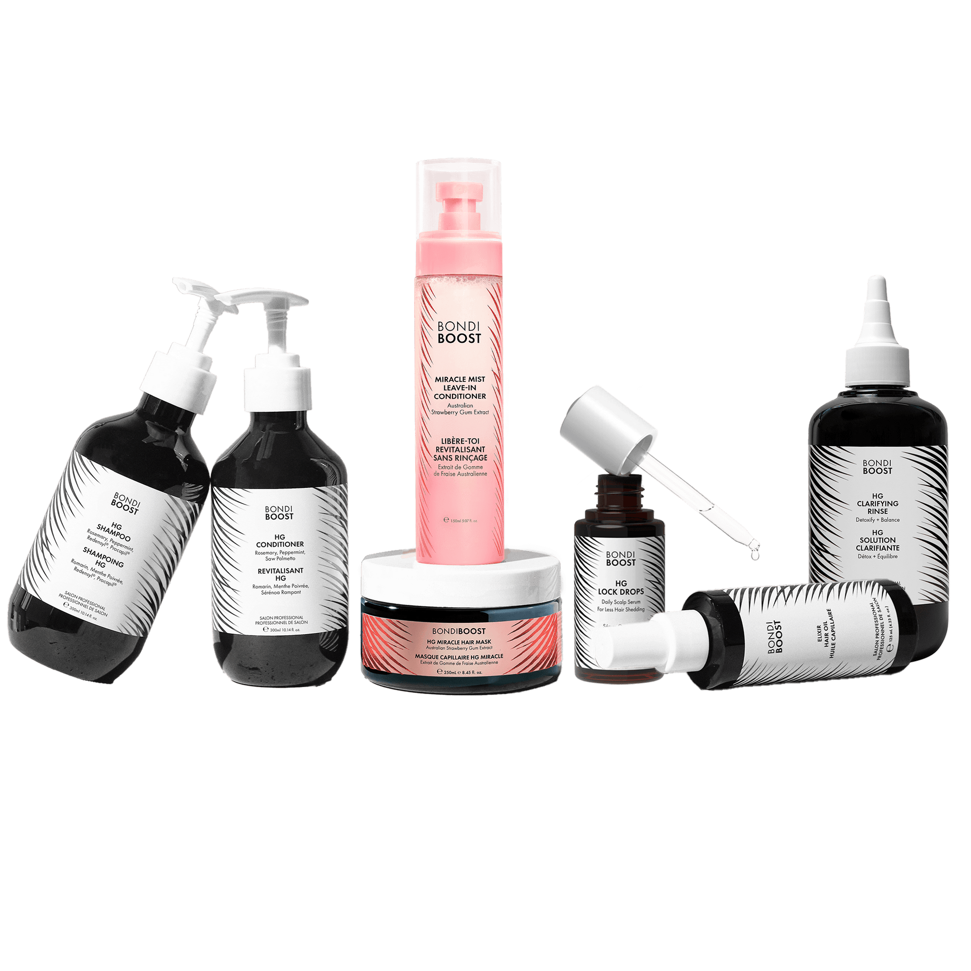 Collection of Bondi Boost hair care products.