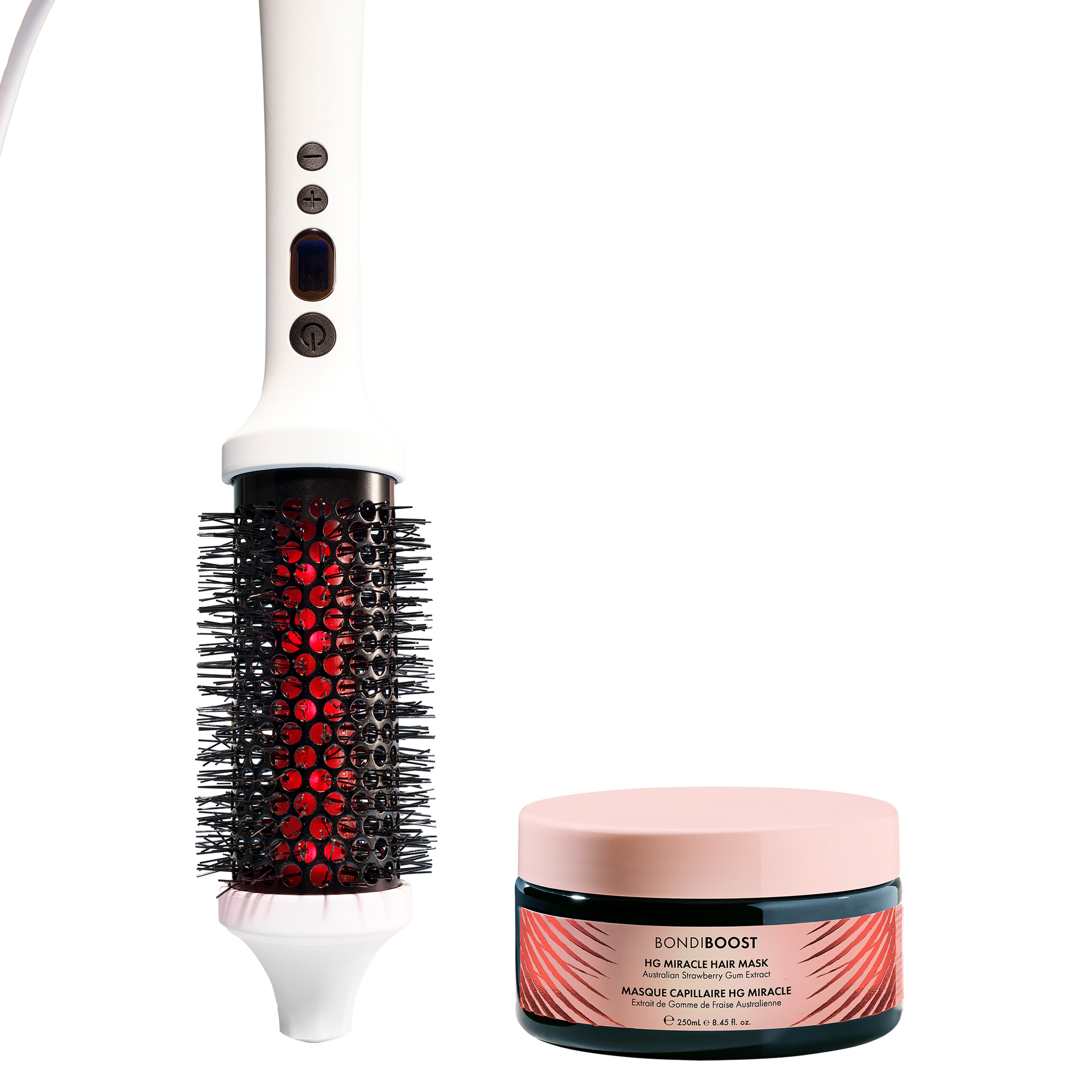 Hairbrush with red bristle head and BondiBoost hair mask on a white background