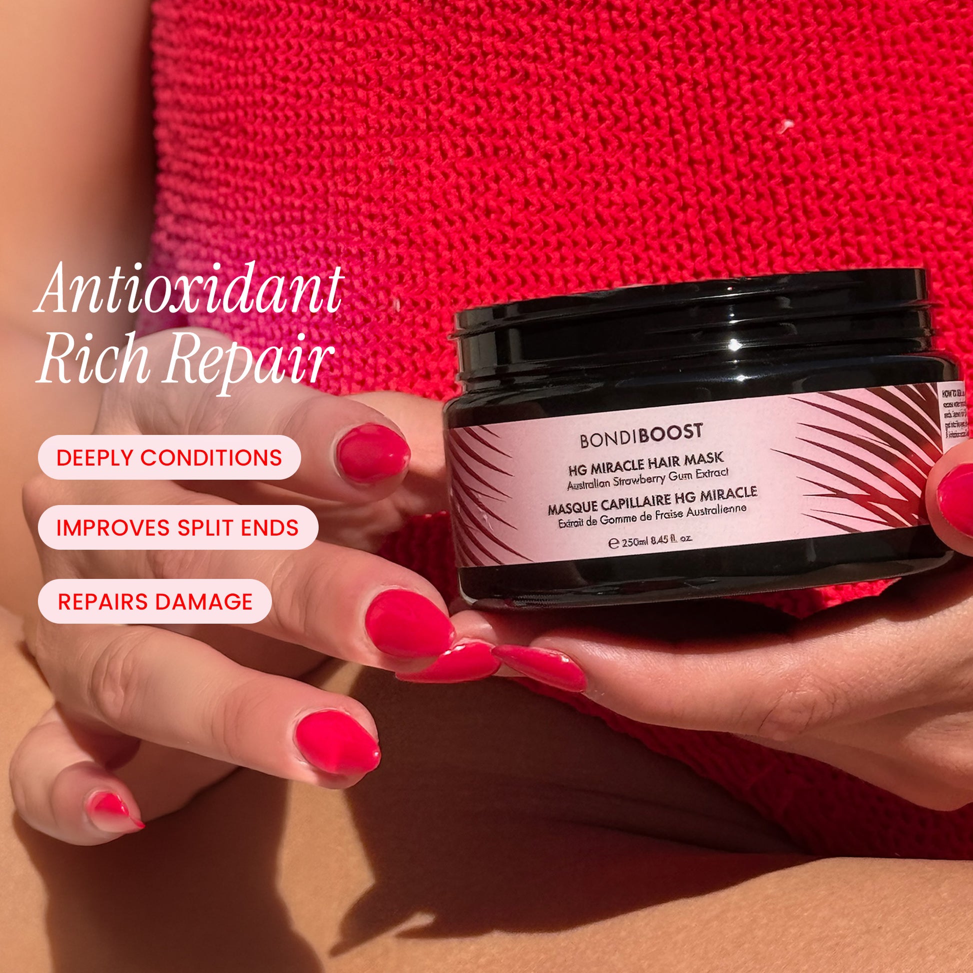 Person holding a hair mask jar with text highlighting its benefits against a red background