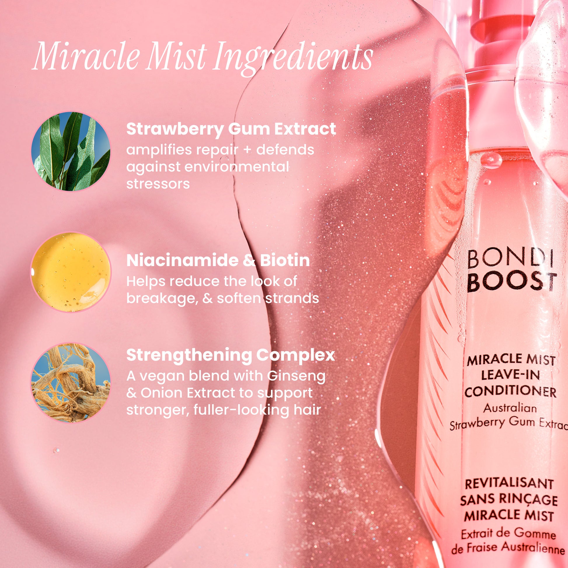 Bottle of Bondi Boost Miracle Mist Leave-In Conditioner with ingredients listed on a pink background