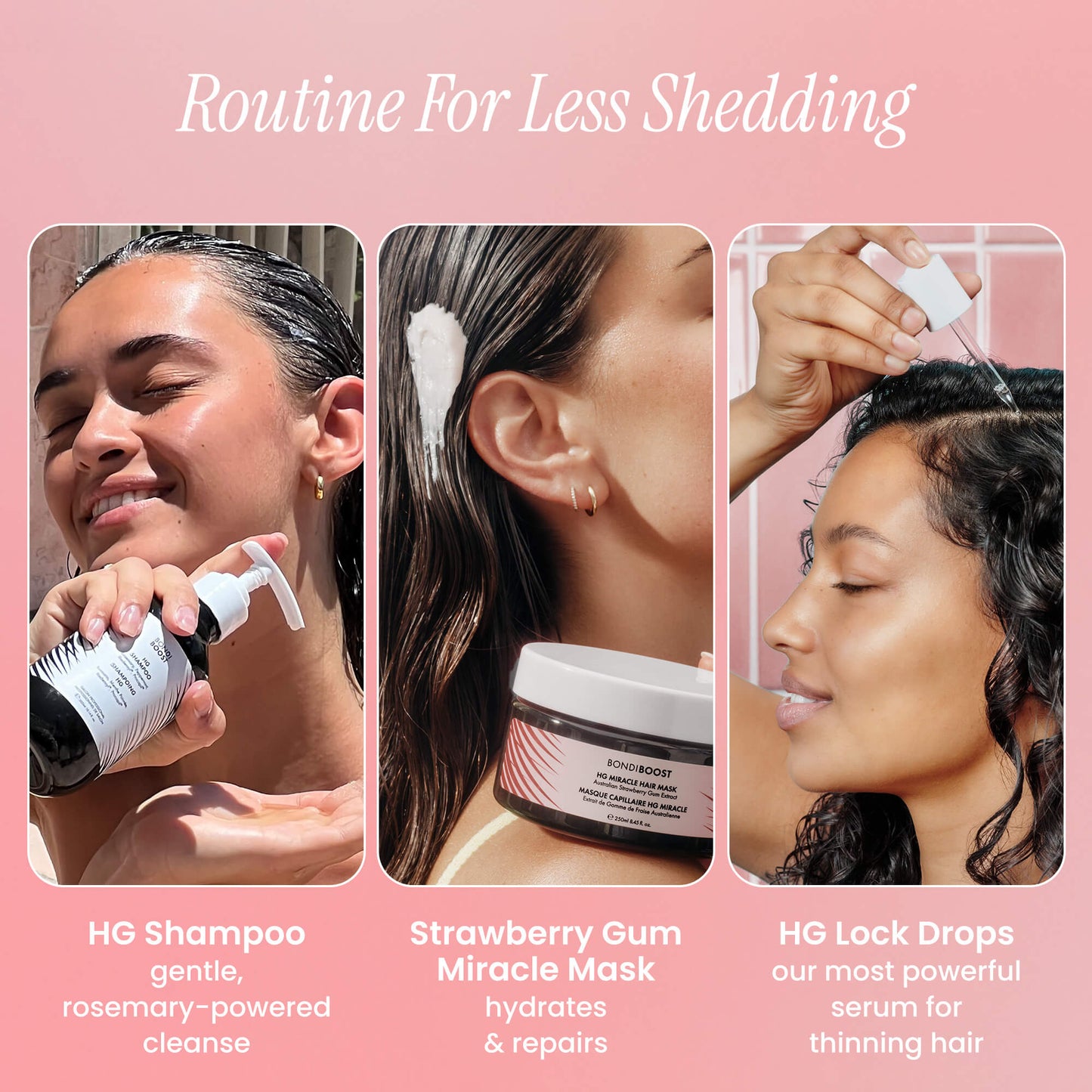 Collage of a hair care routine with products and steps on a pink background