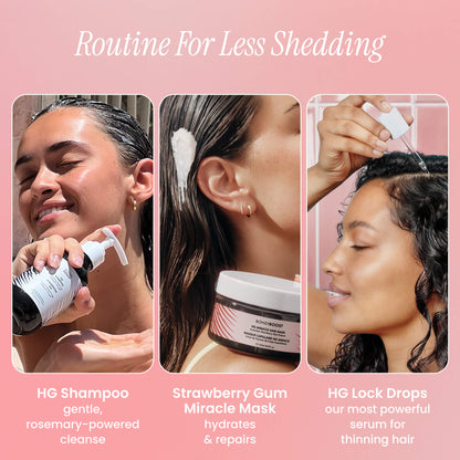 Collage of a hair care routine with products and steps on a pink background