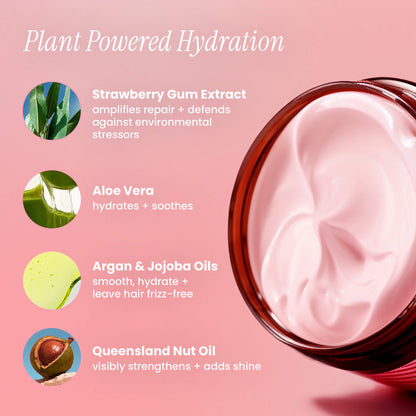 Jar of pink hair product with plant-based ingredients on a pink background