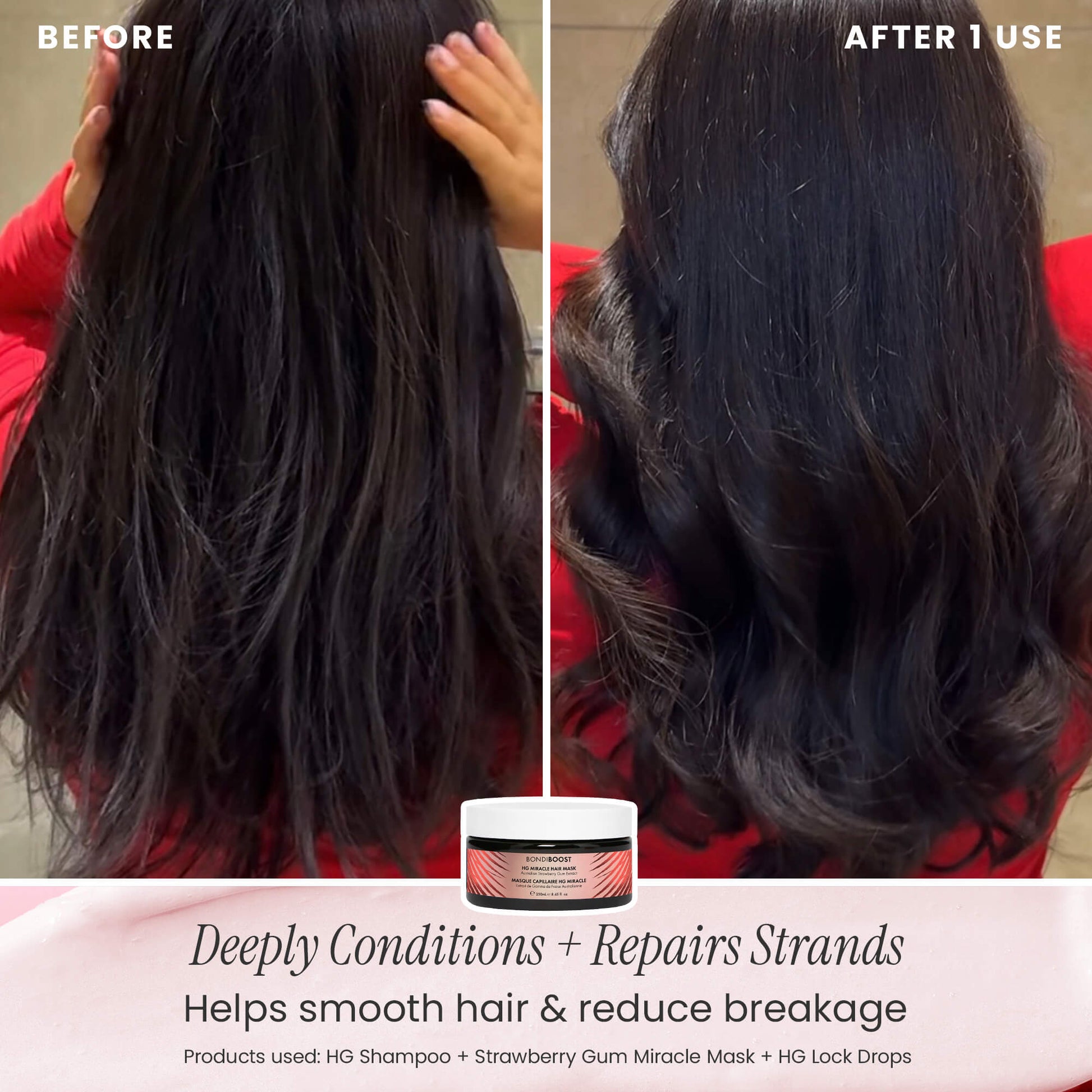 Before and after comparison of hair treatment showing improved hair condition.