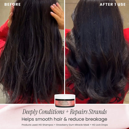 Before and after comparison of hair treatment showing improved hair condition.