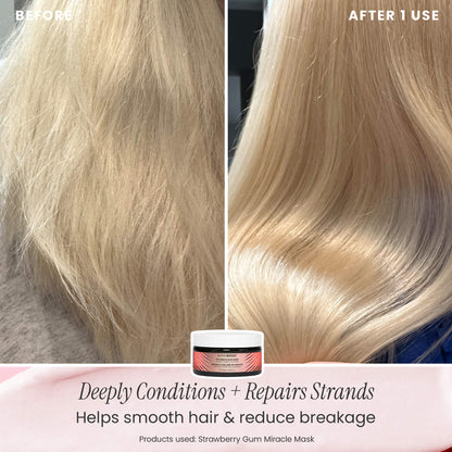 Before and after comparison of hair using a hair mask, with product container in between.