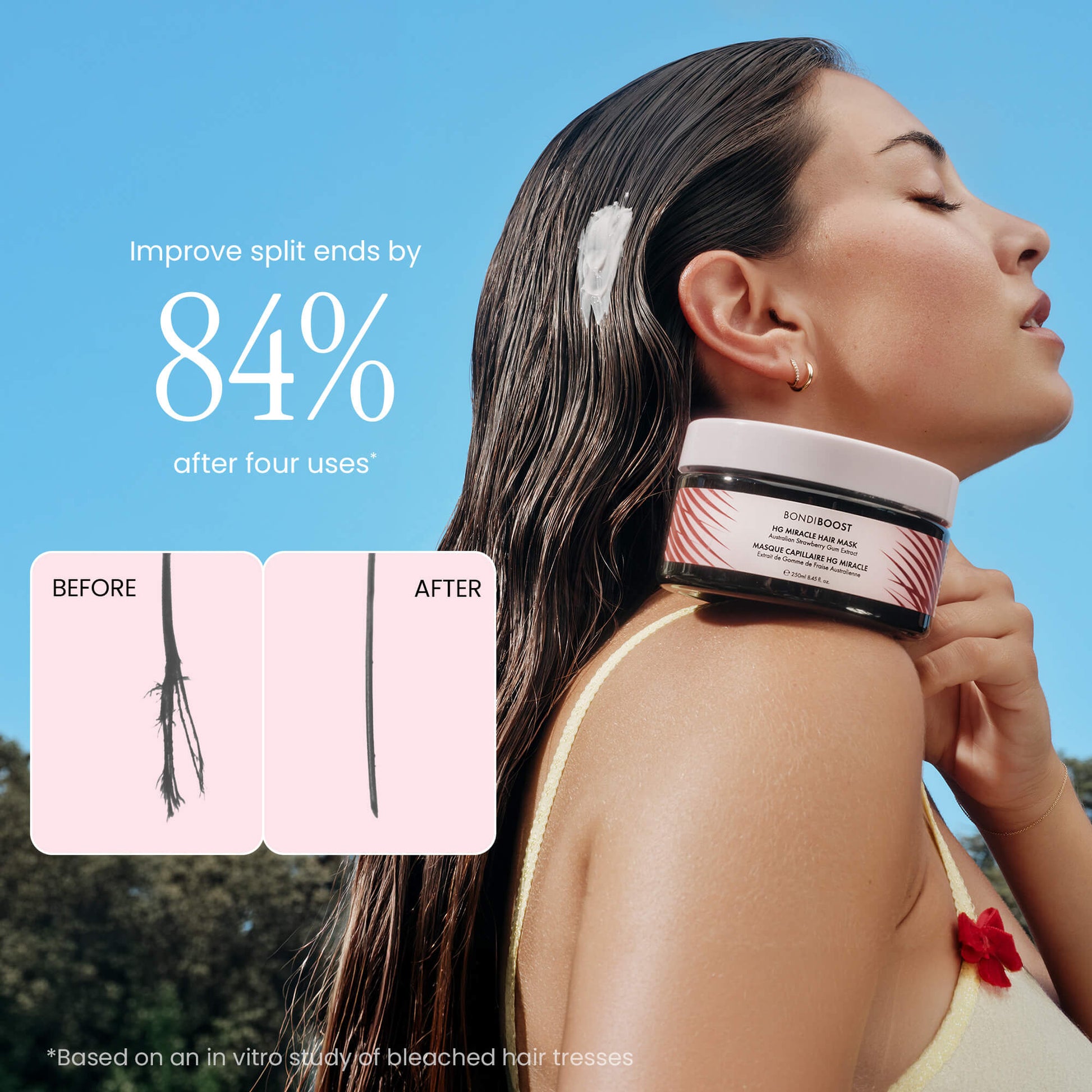 Woman applying hair product with before and after split end improvement on a blue sky background